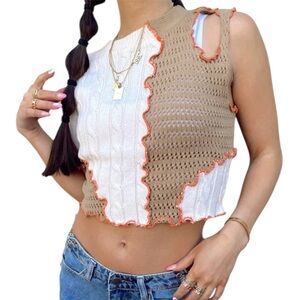 12th Tribe Distressed Beige White color block Crochet Knit patchwork Crop Top
